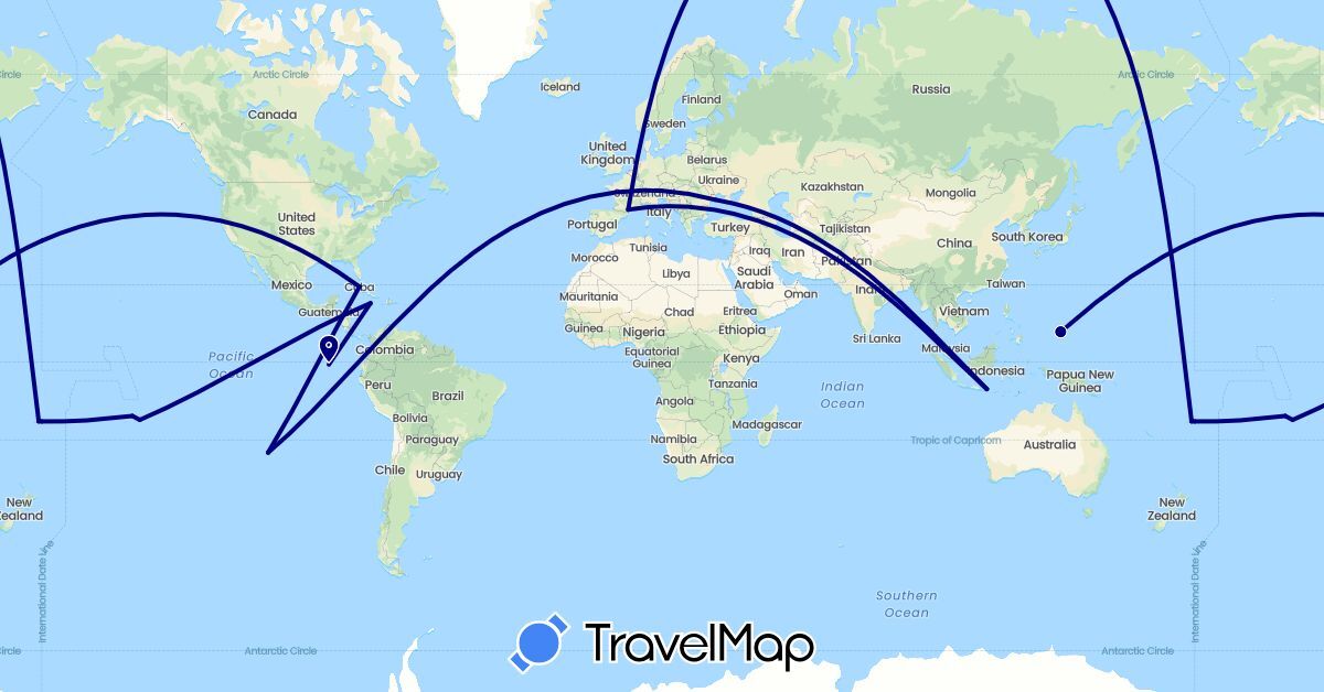TravelMap itinerary: driving in Chile, Cuba, Ecuador, Fiji, Micronesia, France, Indonesia, Jamaica, Ukraine (Asia, Europe, North America, Oceania, South America)